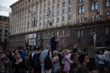 Kyiv, Ukraine August 22, 2022 Exhibition of broken and burned Russian tank on the main street of Kiev Khreschatyk for Independence Day