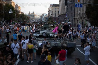 Kyiv, Ukraine August 22, 2022 Exhibition of broken and burned Russian tank on the main street of Kiev Khreschatyk for Independence Day