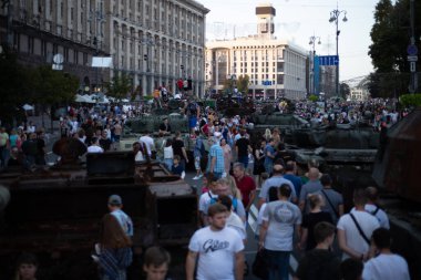 Kyiv, Ukraine August 22, 2022 Exhibition of broken and burned Russian tank on the main street of Kiev Khreschatyk for Independence Day