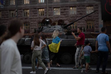 Kyiv, Ukraine August 22, 2022 Exhibition of broken and burned Russian tank on the main street of Kiev Khreschatyk for Independence Day