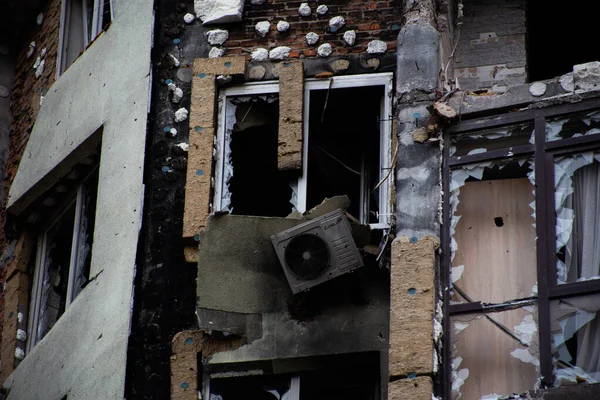 Gebroken Ramen Residentiële Gebouwen Stad Bucha Regio Kiev Invasie Van — Stockfoto