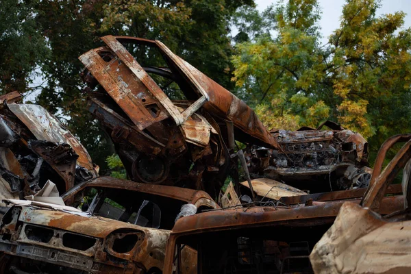 Bunch Wrecked Burned Civilian Cars City Gostomel Kiev Region — Stock Photo, Image