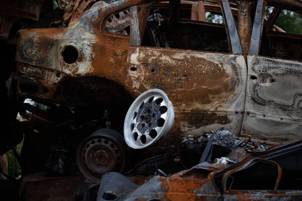 Groupe Voitures Civiles Détruites Incendiées Dans Ville Gostomel Région Kiev — Photo