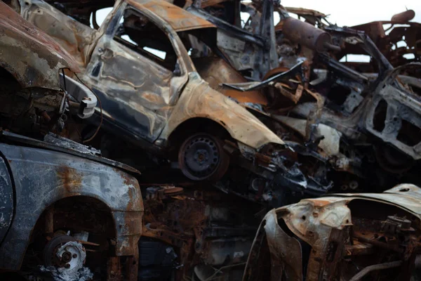 Bunch Wrecked Burned Civilian Cars City Gostomel Kiev Region — Stock Photo, Image