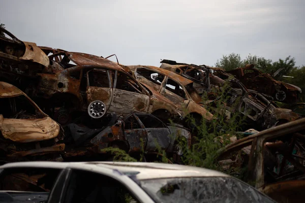 Bunch Wrecked Burned Civilian Cars City Gostomel Kiev Region — Stock Photo, Image