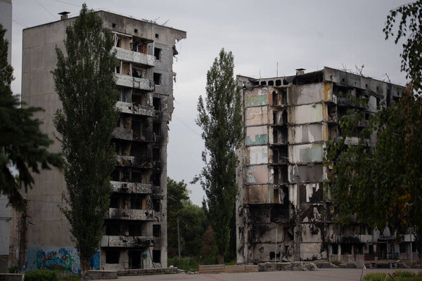 Borodyanka, Kyiv region, Ukraine 2022: Destroyed multi-storey buildings in the city of Borodyanka, Kiev region after the beginning of russias invasion of Ukraine