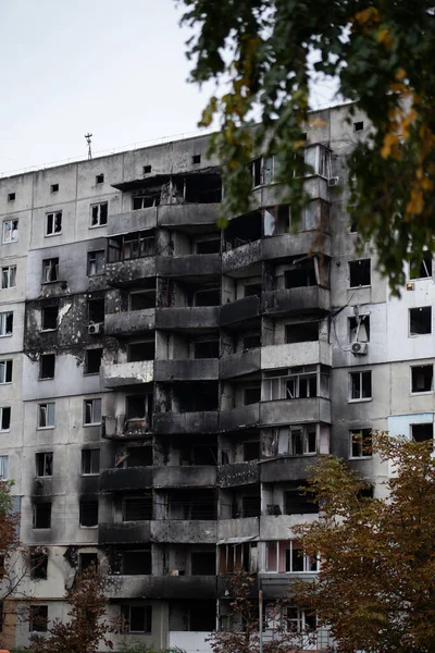 Destruyó Edificios Varios Pisos Ciudad Borodyanka Región Kiev Después Del —  Fotos de Stock