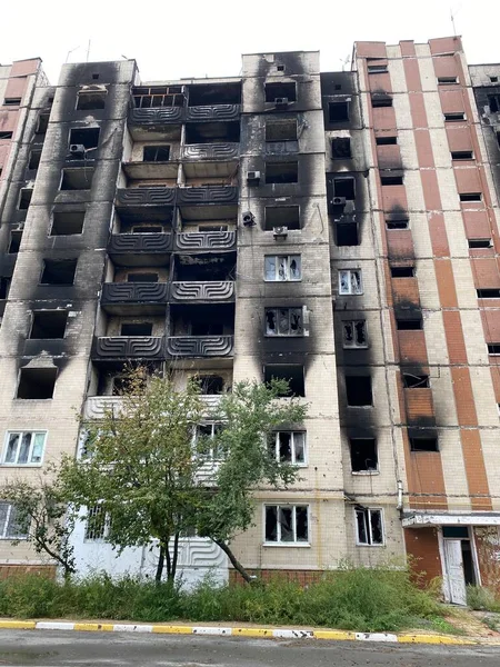 Destroyed Damaged Residential Buildings Irpen Russias Invasion Ukraine Srtrikes — Stock Photo, Image