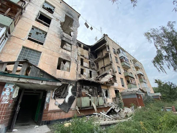 Destruido Dañado Edificios Residenciales Gostomel Después Invasión Rusa Ucrania Después —  Fotos de Stock