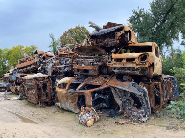 Kiev bölgesindeki Gostomel 'de yanmış ve bombalanmış bir grup araba.