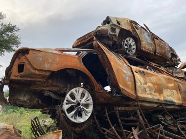 Kiev bölgesindeki Gostomel 'de yanmış ve bombalanmış bir grup araba.