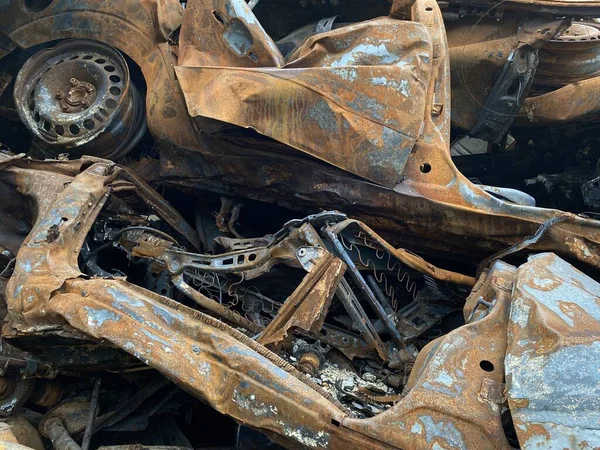 Bunch Burned Shelled Cars Gostomel Kiev Region — Stock Photo, Image