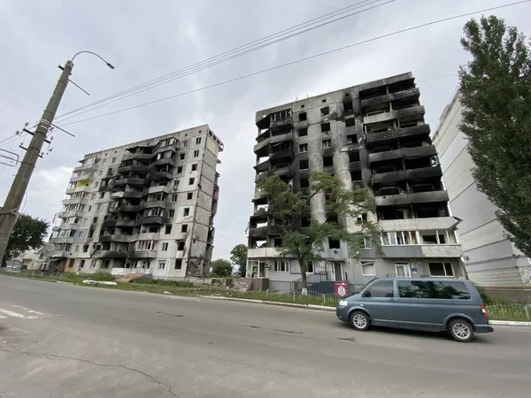 Zniszczone Zniszczone Budynki Mieszkalne Borodyance Inwazji Rosjan Ukrainę Srtrikes — Zdjęcie stockowe
