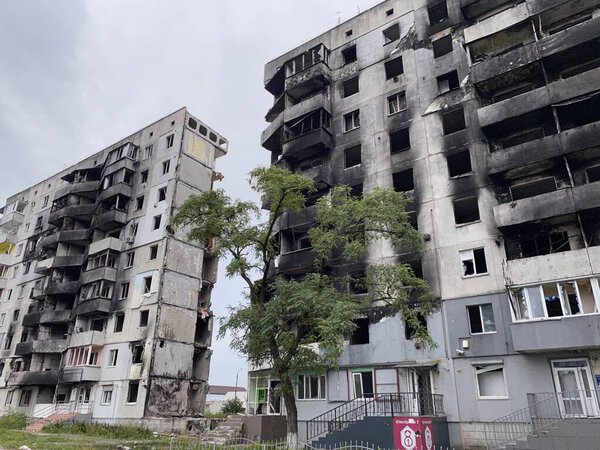 Destroyed and damaged residential buildings in Borodyanka after Russias invasion of Ukraine after srtrikes