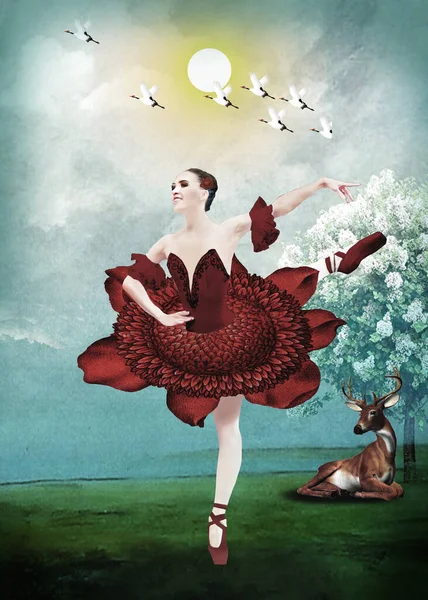 美しいバレエダンサーが自然の中で踊る — ストック写真