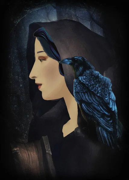 Magic Beautiful Woman Accompanied Crow Generation — Stock Photo, Image