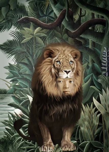 Ein Kombiniertes Porträt Eines Löwen Und Eines Schönen Jungen — Stockfoto