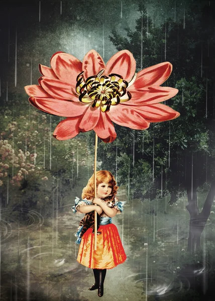 Nettes Mädchen Findet Originellen Schutz Vor Dem Regen — Stockfoto