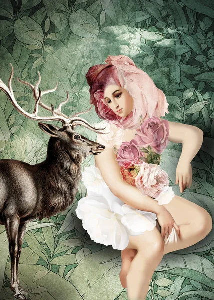バラの女と可愛い鹿とのつながり — ストック写真