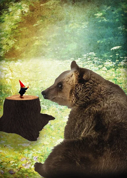 Ein Zwerg Auf Einem Baumstamm Erteilt Einem Großen Bären Eine — Stockfoto