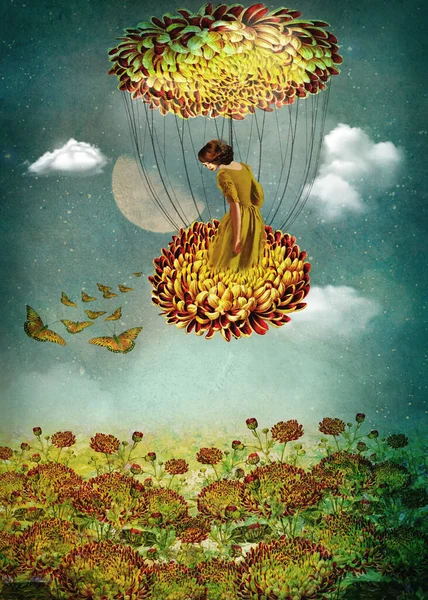 Bir kadının çiçek tarlasına yumuşak bir iniş yapması beklenir.