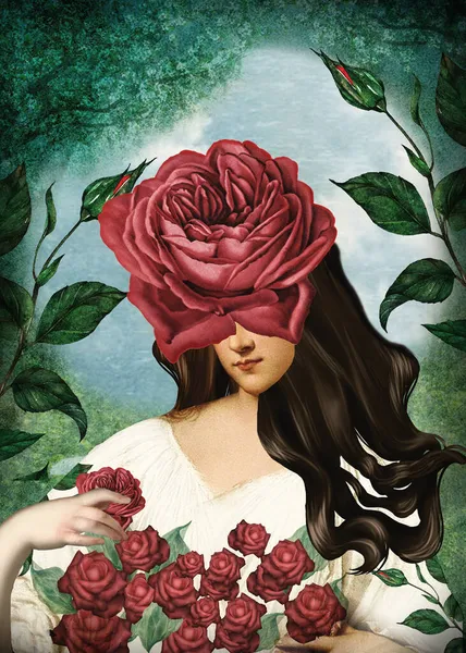 一个非常喜欢玫瑰的女人 — 图库照片