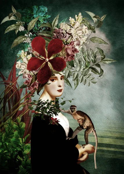 Maymunlu ve çiçekli kadın portresi