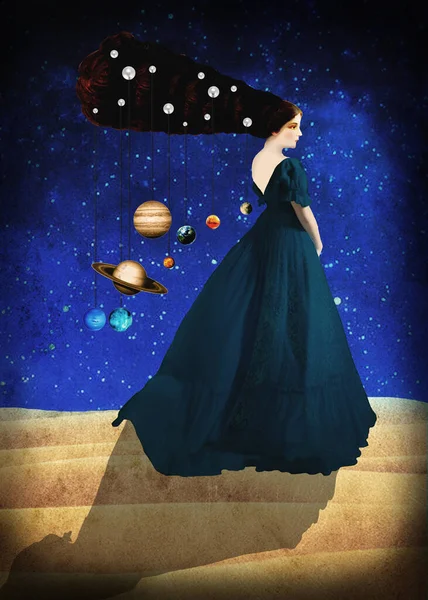 Una Mujer Camina Desierto Con Planetas — Foto de Stock