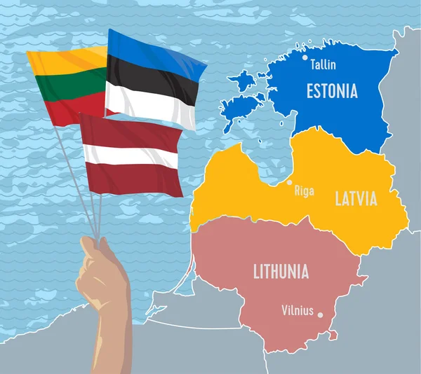 手拿着拉脱维亚 立陶宛和爱沙尼亚的国旗 这些国旗象征着在波罗的海国家地图的背景下团结一致争取独立 — 图库矢量图片