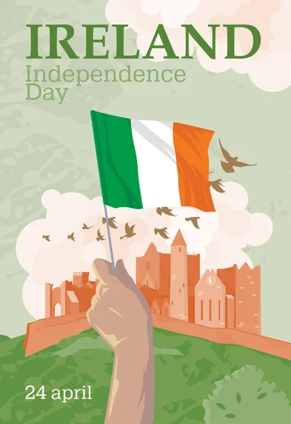 Ruka Národní Vlajkou Irska Pozadí Zámecké Skály Cashel Šťastný Den — Stockový vektor