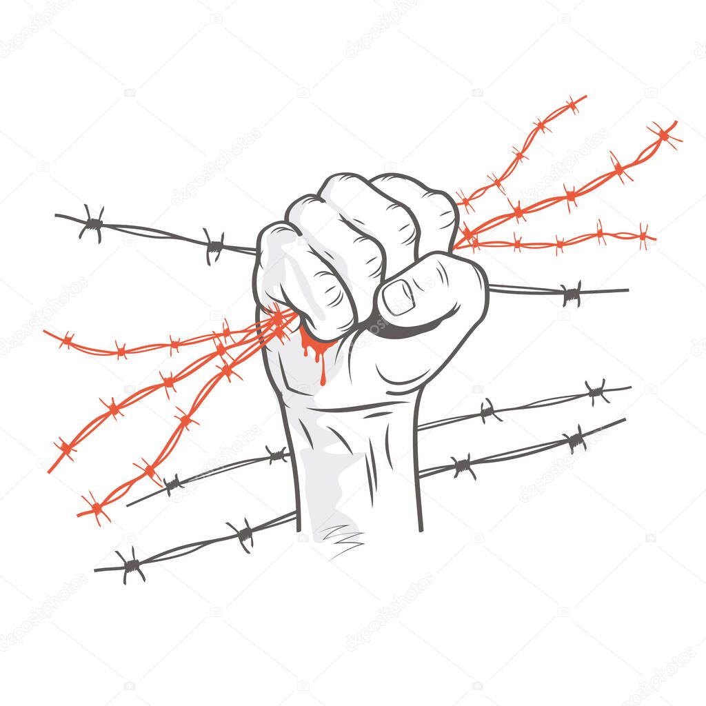 Barbed wire clenched in fist. Illustration on the theme of dictatorship and the Holocaust. Console camp. Resistance and revolution symbol concept