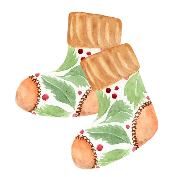 Een Paar Red Green Holly Kerstkousen Handgetekende Illustratie Voor Behang — Stockfoto