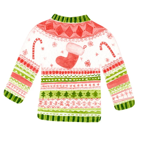 幾何学的な装飾が施された赤い緑色のクリスマス醜いセーターを編んだ バナー テキスタイル 郵便はがき または包装紙のための手描きイラスト ロイヤリティフリーのストック画像