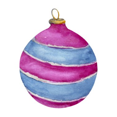 Beyaz ve Mavi Çizgili Mor Bauble. Yazdırma, Kartpostal, Paket Kağıdı veya diğer Dekor için suluboya Noel süsleri