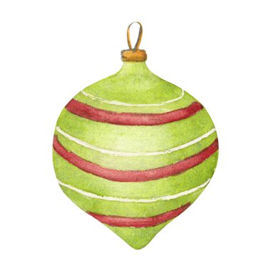 Beyaz ve kırmızı çizgili klasik Yeşil Bauble. Yazdırma, Kartpostal, Paket Kağıdı ya da diğer Dekor İçin Suluboya Noel Resimleri