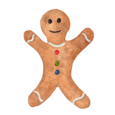 Zencefilli Kurabiye Adam Beyaz Arkaplanda izole edildi. Duvar kağıdı, bayrak, tekstil, kartpostal veya ambalaj kağıdı için suluboya çizimi