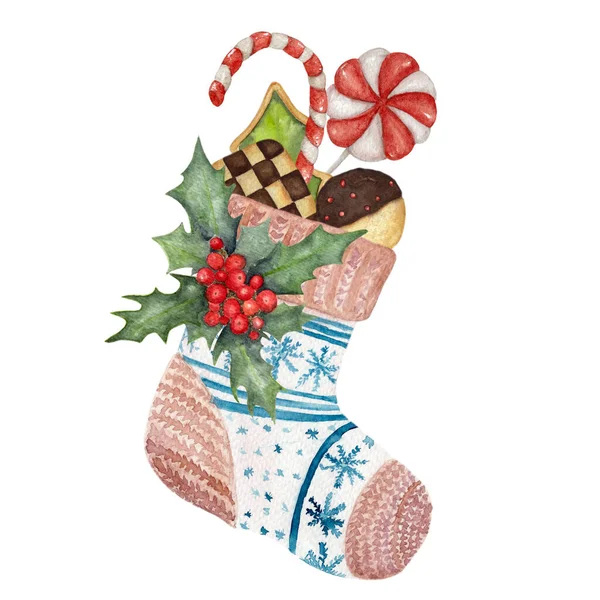 Blauw Versierde Kerstkousen Met Koekjes Snoepjes Handgetekende Illustratie Voor Behang — Stockfoto