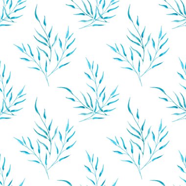 Elle çizilmiş suluboya huş ağacının kusursuz desenli yaprakları beyaz arka planda. Duvar kağıdı, kumaş, kartpostal veya ambalaj kağıdı için güzel Vintage Illustration