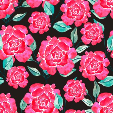 Islak ve Islak Kırmızı Gül Çiçekleri ve Siyah Arkaplanda Yapraklar. Duvar kağıdı, kumaş, kartpostal veya ambalaj kağıdı için Parlak Çizim