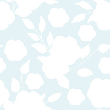 Yumuşak Mavi Arkaplanda Yaprakları Olan Soyut Çiçek Siluetlerinin Kusursuz Şablonu. Duvar kağıdı, kumaş, kartpostal veya ambalaj kağıdı için el çizimi