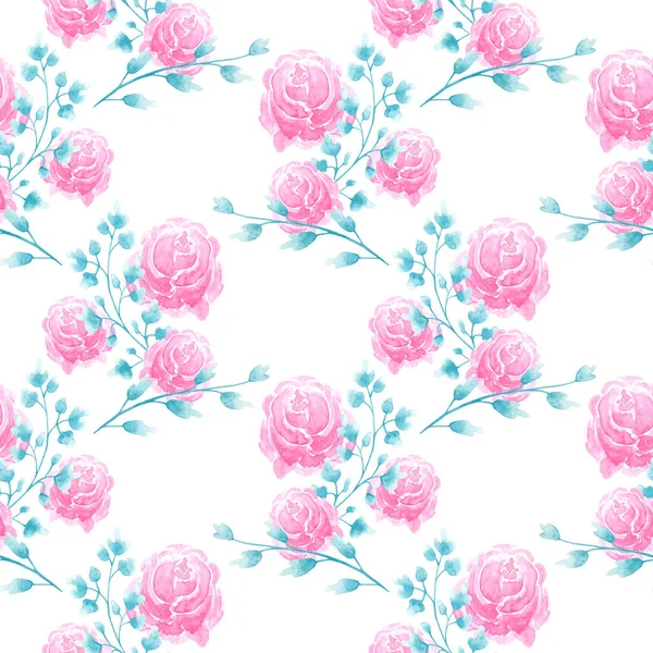 Watercolor Seamless Pattern Loose Peony Flowers Curvy Leaves White Background — Stock Photo, Image