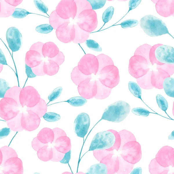 Watercolor Seamless Pattern Loose Abstract Flowers Leaves White Background Hand ロイヤリティフリーのストック写真