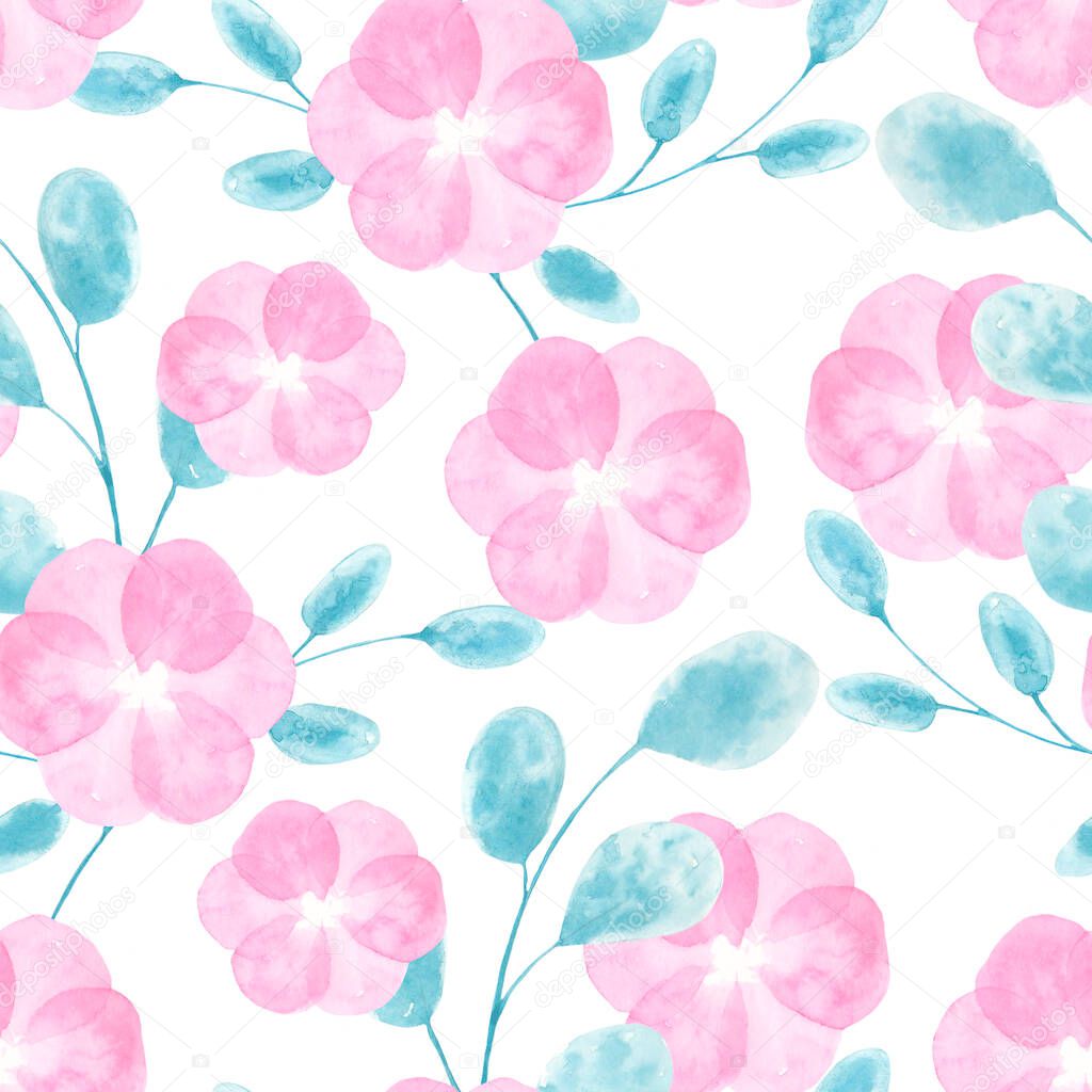 Watercolor Seamless Pattern of Loose Abstract Flowers with Leaves on White Background. Hand-Drawn Illustration in Wet-on-Wet Technique for Wallpaper, Fabric, Postcard or Wrapping Paper