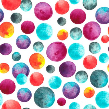 Çok renkli Polka Dot Suluboya Çizimi. Duvar kağıdı, kumaş, kartpostal veya ambalaj kağıdı için İfade Edici Modern Kusursuz Desen 