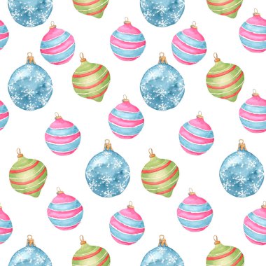 Beyaz Arkaplanda Kusursuz Yeşil, Kırmızı ve Mavi Noel Süslemeleri Suluboya Şablonu. Duvar kağıdı, kumaş ve kartpostal için Şenlikli Kış Şablonu Çizimi