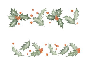 Noel Suluboya El Holly Yaprakları ve Böğürtlen İllüstrasyonu. Davetiyeler, kartpostallar ve baskılar için Şenlikli Çerçeve