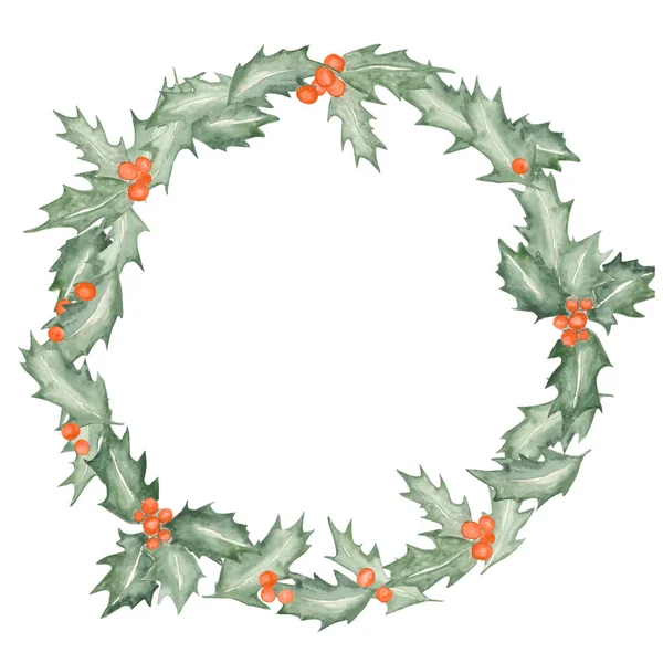 Karácsonyi Holly Levelek Bogyós Koszorú Gyönyörű Akvarell Ünnepi Illusztráció Nyomtatáshoz — Stock Fotó