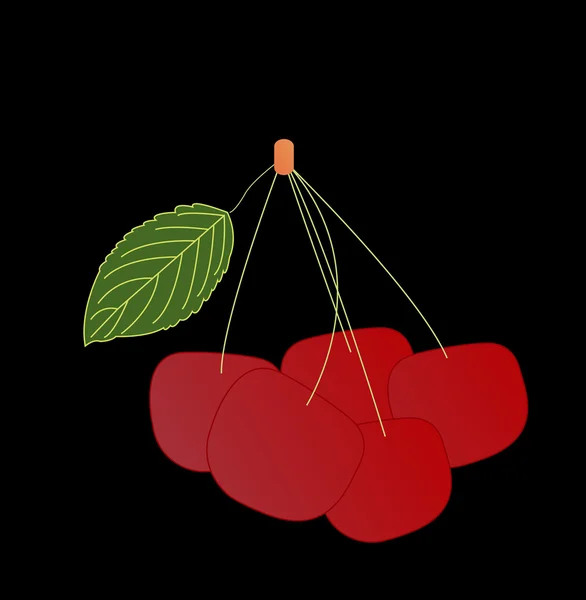 Red Cherries Green Leaf Black Background — Stock Vector
