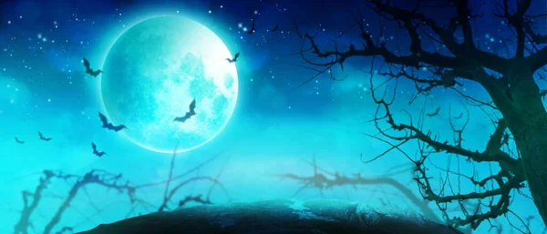 Fond Halloween Avec Cimetière Dans Une Nuit Effrayante — Photo