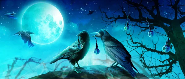 Halloween Háttér Holló Egy Kísérteties Éjszaka — Stock Fotó